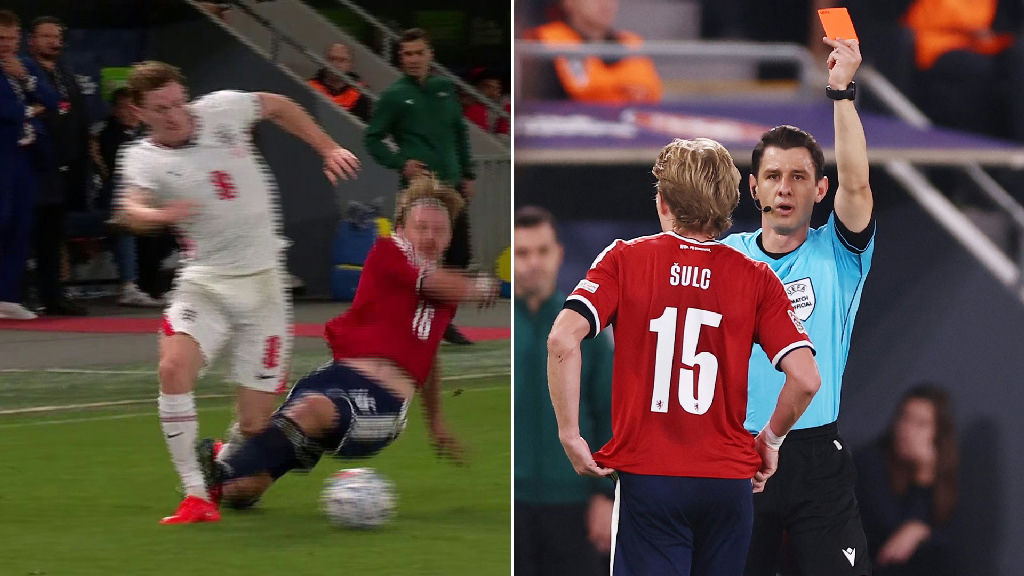 Pavel Sulc receives red card for dangerous challenge on Elliot Anderson in England match